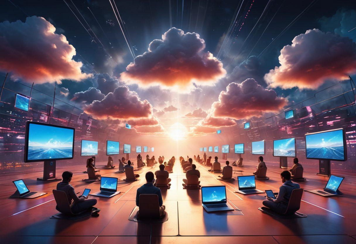A futuristic landscape showcasing various digital devices like laptops, tablets, and smartphones seamlessly connected via ethereal clouds. Include vibrant icons representing online services, such as file sharing, video conferencing, and remote access. The scene should feature a diverse group of people collaborating in a bright, open environment, symbolizing global connectivity. Sun rays breaking through the clouds to emphasize hope and innovation. 3D. vibrant colors. cyberpunk.