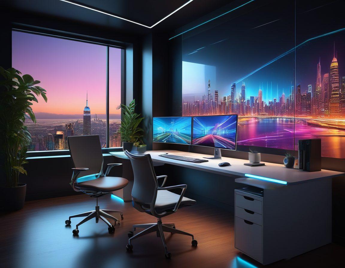 A sleek and modern workspace featuring a personal computer transitioning into a vibrant virtual desktop. Include elements like floating holographic screens showcasing various applications and data analytics. The scene should evoke a sense of efficiency and digital freedom, with a comfortable ergonomic chair and ambient lighting. Futuristic cityscape visible through a window in the background. super-realistic. vibrant colors. 3D.