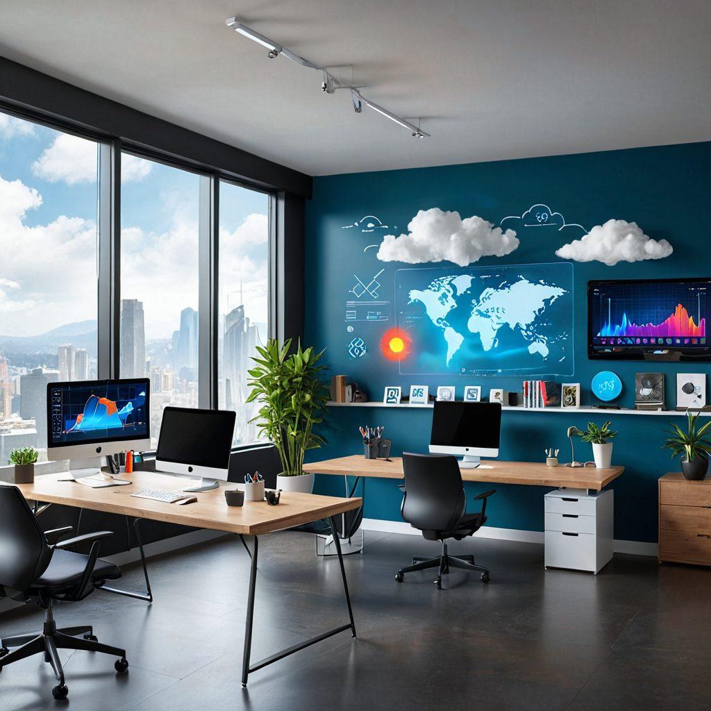 A sleek, modern digital workspace featuring a vibrant dashboard with colorful web applications and cloud computing icons, showcasing collaboration tools, data analytics graphs, and seamlessly integrated technology. The background should depict a serene home office with large windows letting in natural light. Include a touch of futuristic elements like holographic displays and a visible cloud interface. super-realistic. vibrant colors. 3D.